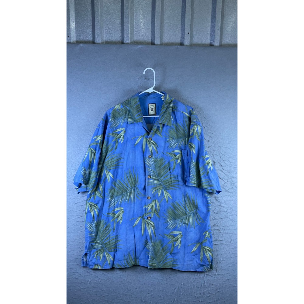 Jamaica Jaxx Button Down Mens XXL Blue Excellent Silk Palm Leaf Tropical Shirt